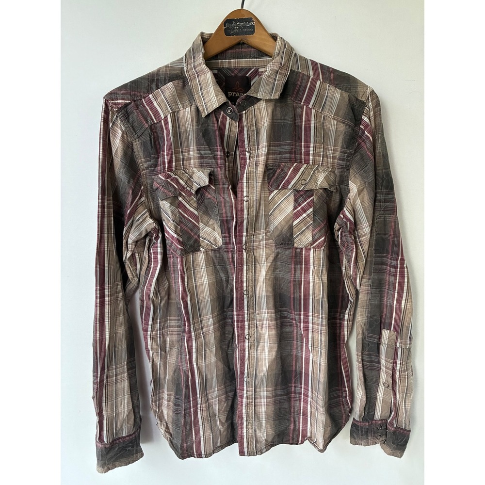Prana Mens Medium Plaid Long Sleeve Snap Front Button Down Shirt Brown Burgundy